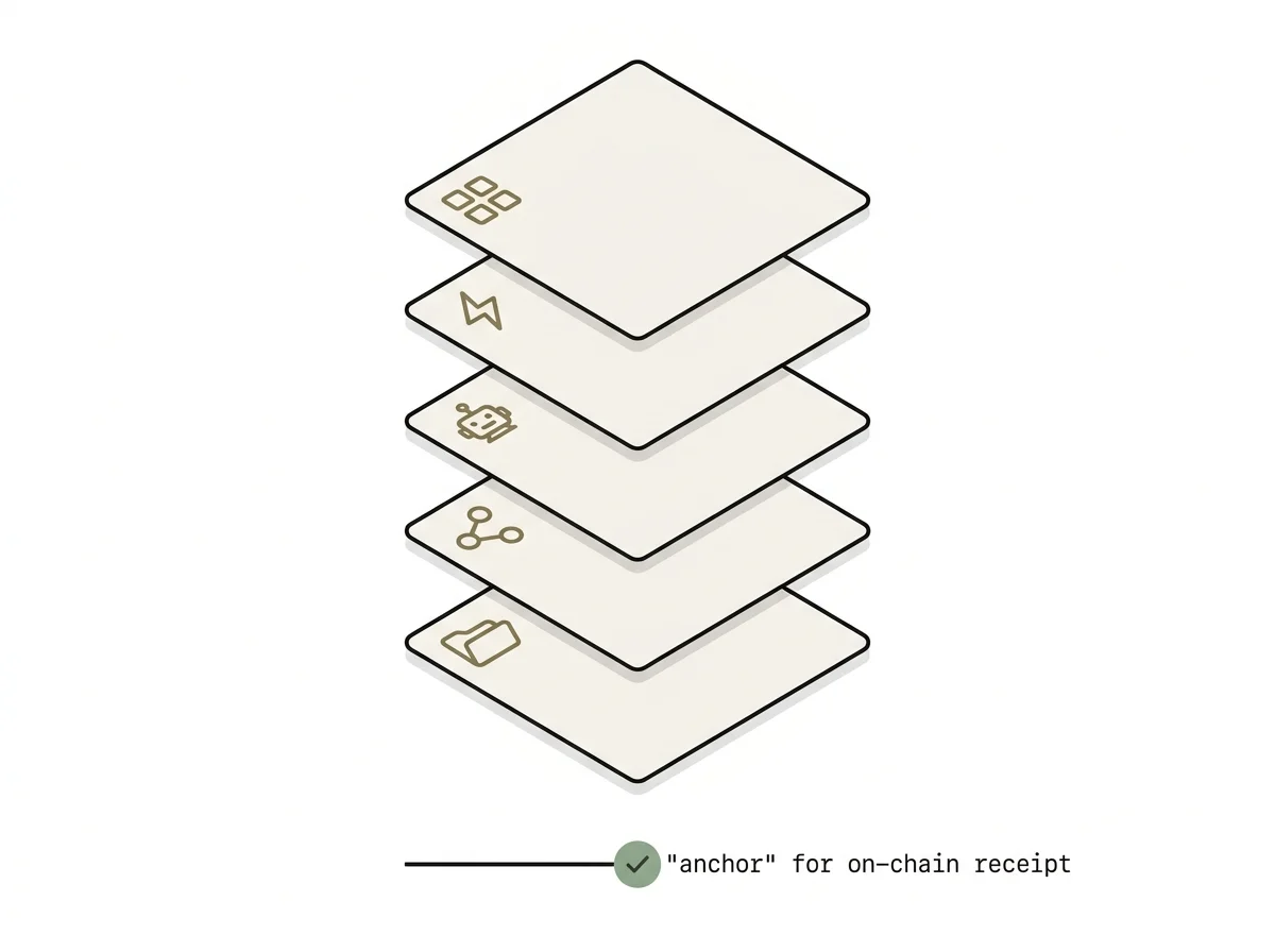 Five stacked cards in axonometric view — the named parts of a container (atoms.cbor, embeddings.tq, agent.json, echo.json, container.json) — connected by a hairline to a small sage-green tick mark labelled 'anchor for on-chain receipt'.