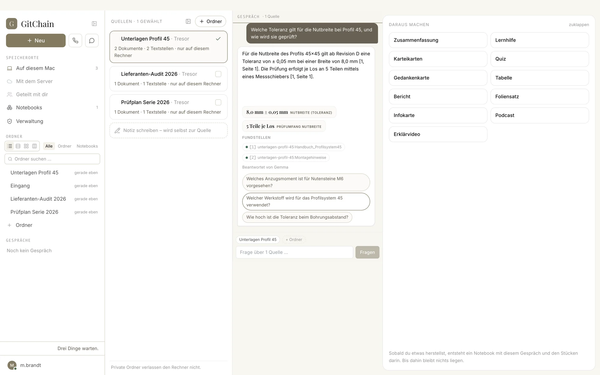 Chat in der GitChain-App: eine Antwort mit nummerierten Fundstellen