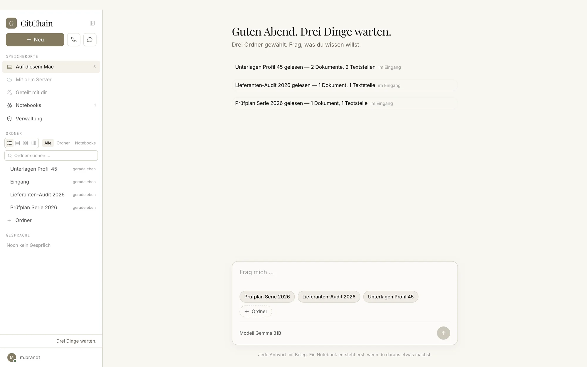 Die GitChain-App auf dem Mac: links die Leiste mit Neu, Anrufen und Nachrichten, rechts der Arbeitsbereich mit den Containern