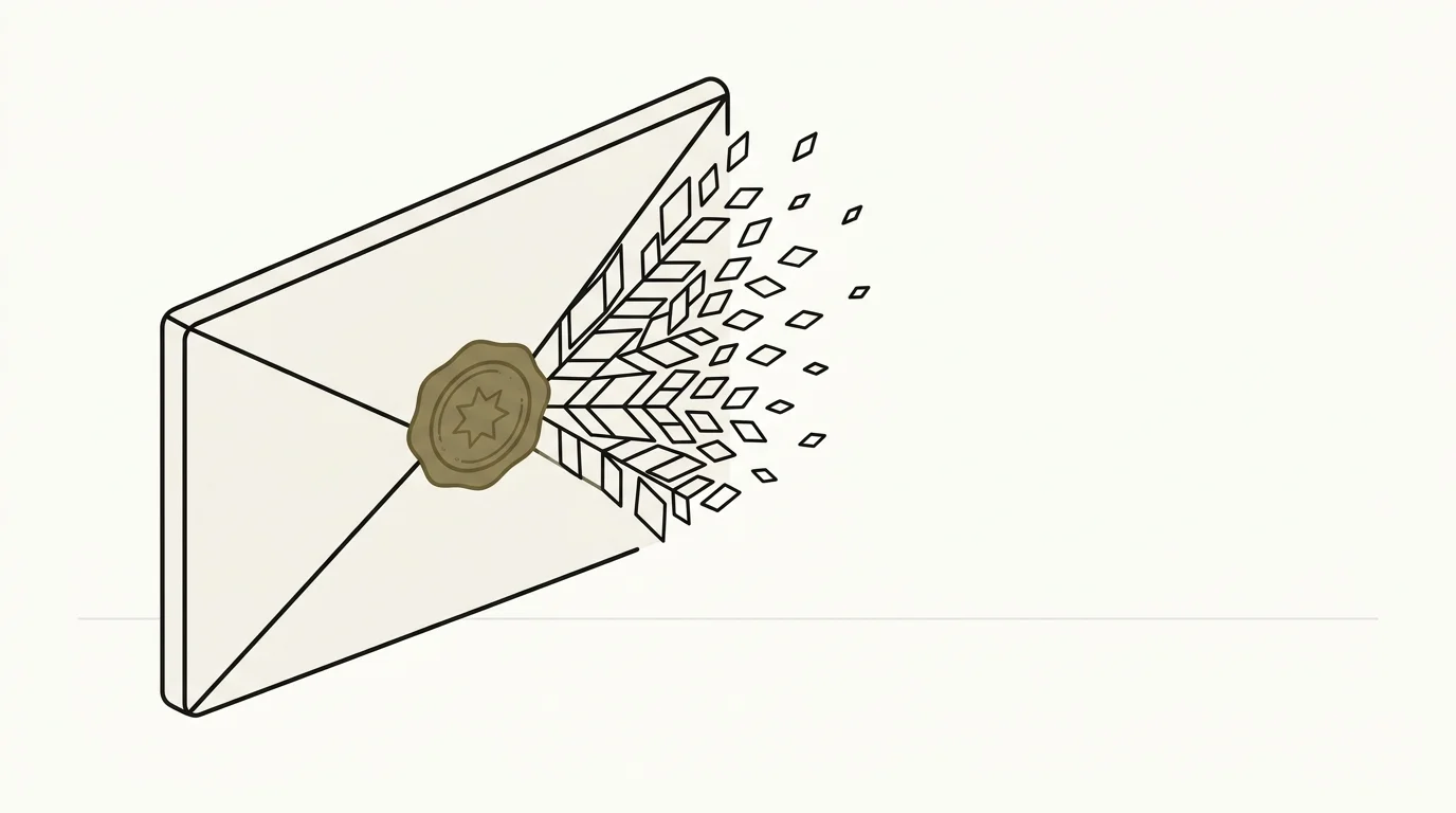 A wax-sealed envelope dissolving into a tessellation of small geometric leaves — a sealed container blossoming into its Merkle leaves.