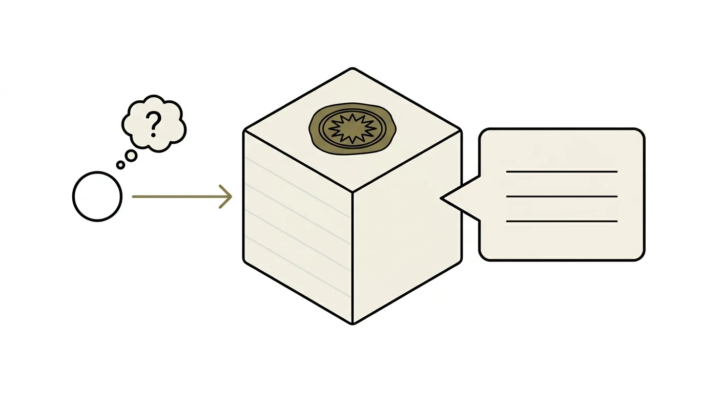 A small open circle on the left with a thought-bubble containing a question mark, connected by a single olive-gold arrow to a sealed container cube in the centre. From the right side of the cube, a beige speech panel emerges with three horizontal hairlines representing enumerated capability tiers — the container introducing itself with structure.