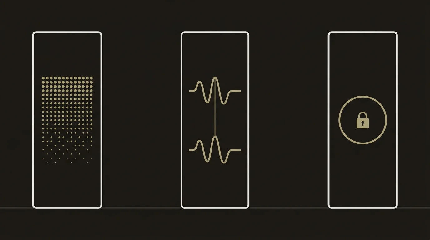 Three vertical pillars on a warm-dark canvas — left pillar shows compression dots dense at top sparse at bottom (TurboQuant), middle pillar shows two identical waveforms connected by a vertical line (PolarQuant determinism), right pillar shows a closed lock inside a circle (local Gemma 4 inference).