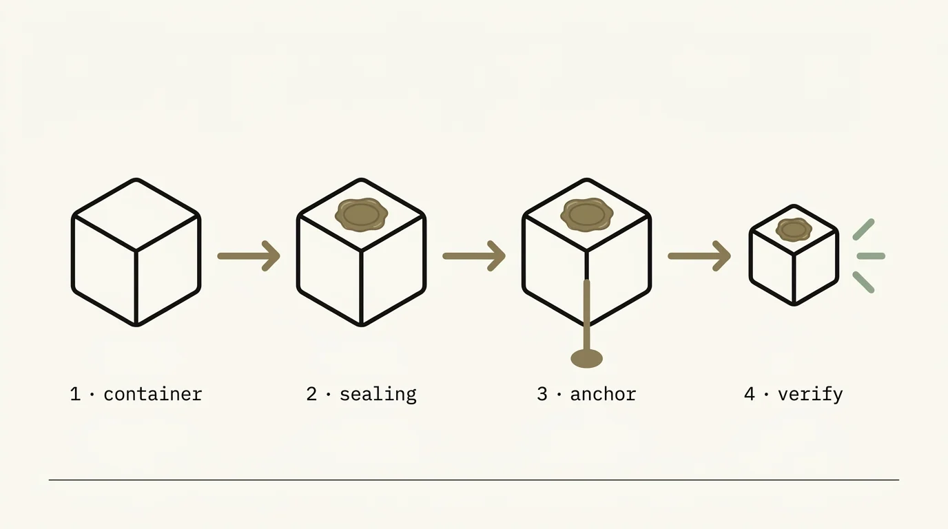 Four-step horizontal flow on a warm-white canvas — container, sealing, anchor, verify — each stage shown as an axonometric cube transformation, with mono labels and a thin baseline marking the on-chain boundary.