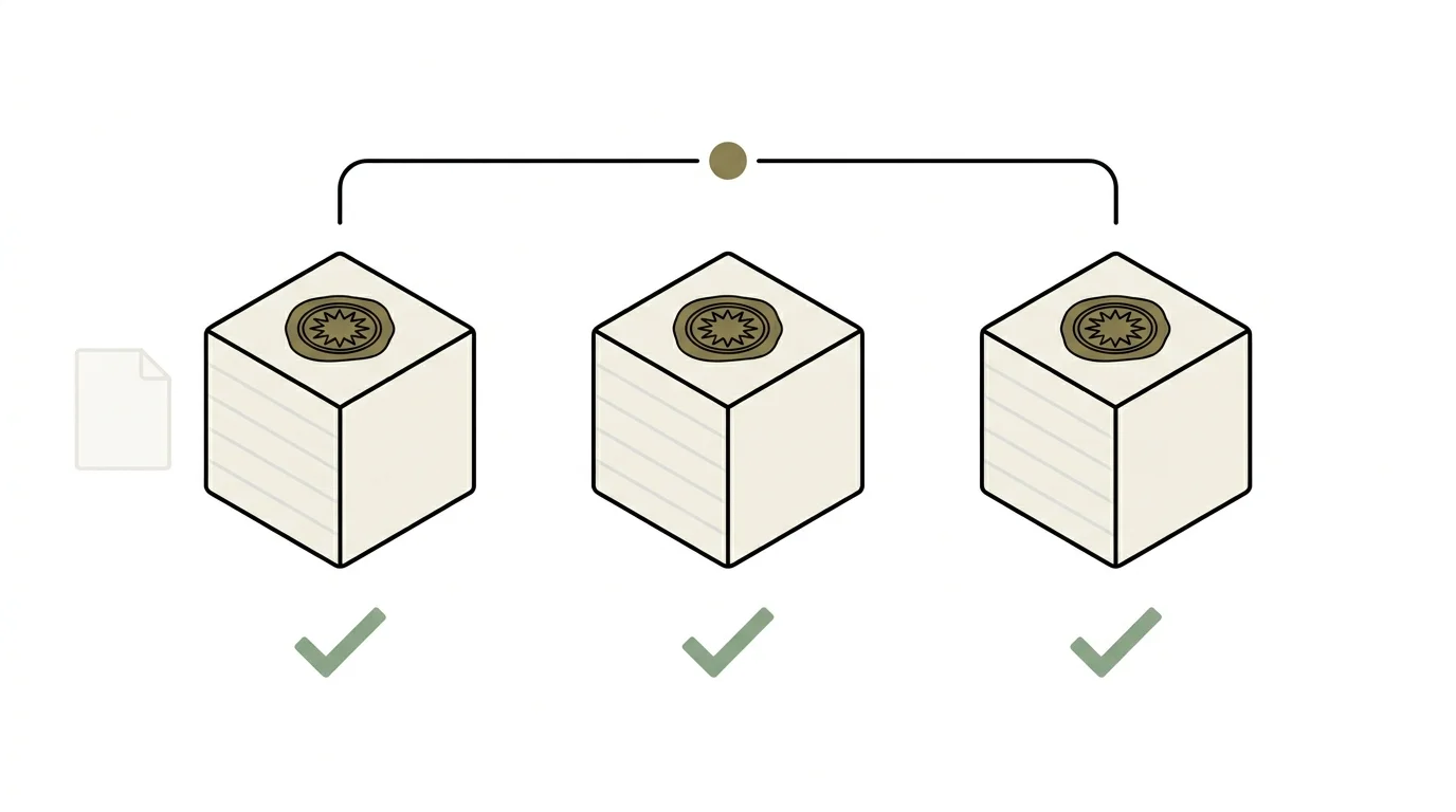 Three identical container cubes in a row, each with the same olive-gold seal. Above them, a single hairline arc connects all three through a shared olive-gold dot — the Merkle root. Below each cube, a sage-green tick mark — three independent rebuilds match byte-for-byte. To the left, a faded paper-shape representing the published paper.