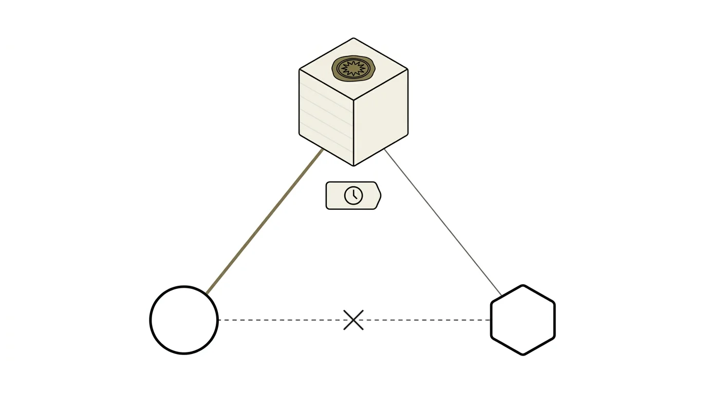 Triangular composition. A container cube at the top centre. Bottom-left, an open circle representing the engaged auditor, connected by a solid olive-gold line. Bottom-right, an open hexagon representing the regulator, connected by a thinner solid line. Between the two lower shapes a dashed hairline crossed by an X — the direct data exchange that becomes unnecessary when the container exists. Below the container a small label-shape with a clock symbol, implying retention-lock.