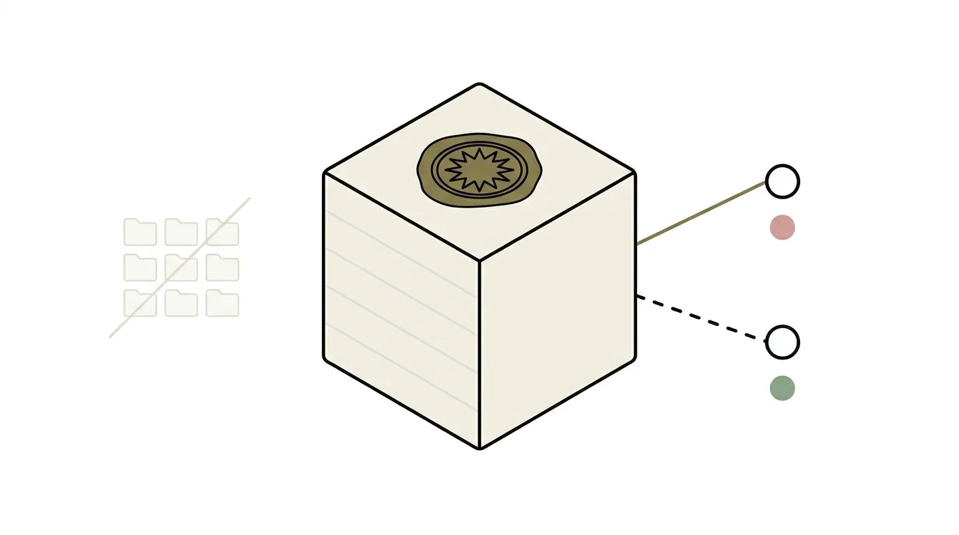 A container cube in the centre. Left of it, a small faded 3×3 grid of file folders crossed by a diagonal hairline — the past, paper-based way. Right of it, two open circles representing current and successor counsel. The upper circle has a solid olive-gold line to the container; the lower has a dashed line. Below the upper circle a rose dot (license being revoked); below the lower circle a sage dot (license being issued).