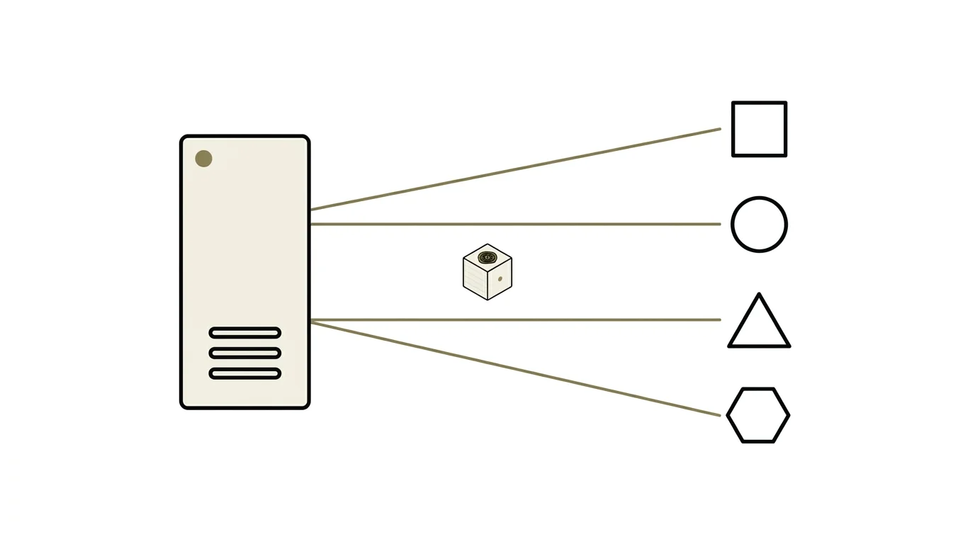 A tall industrial product on the left abstracted to its essence — outlined rectangle with vents and an olive-gold seal. Four olive-gold hairlines extend to the right, terminating in four shapes (square, circle, triangle, hexagon) representing a shop integration, an installer app, a training portal and a marketing surface. A small container cube sits on the centreline mediating everything.