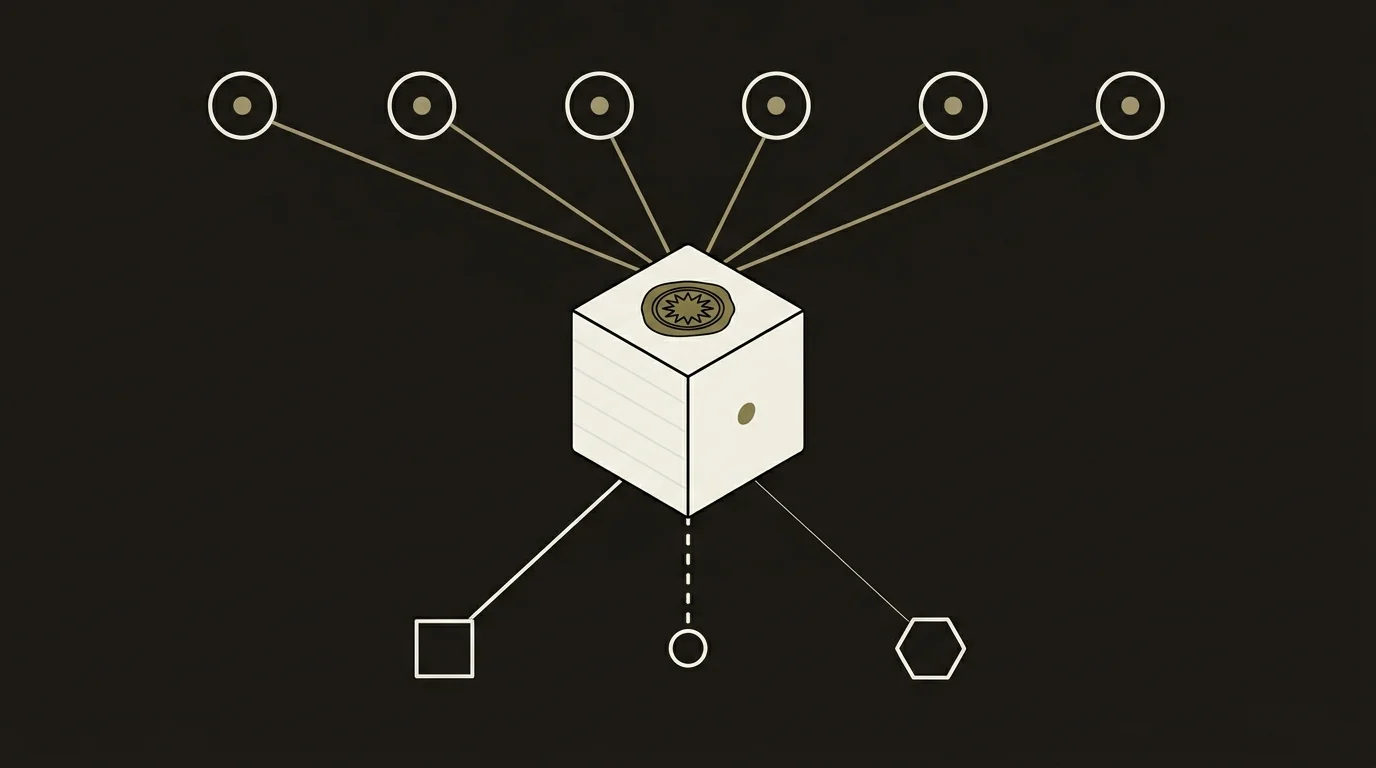 Warm-dark canvas. A container cube at the centre with a cream outline and olive-gold seal. Six small olive-gold dots arranged in an upper arc, each connected to the container by a hairline, all converging at the same point on the container's top — the consortium issuers co-signing. Below the container, three open shapes (square for regulator, circle for peer reviewer, hexagon for meta-analysis pool), each connected with lines of different visual weight implying capability tiers.
